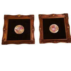 Pair Of Vintage Ornate Gold Frames With Romantic Porcelain Inlays Featuring Cour